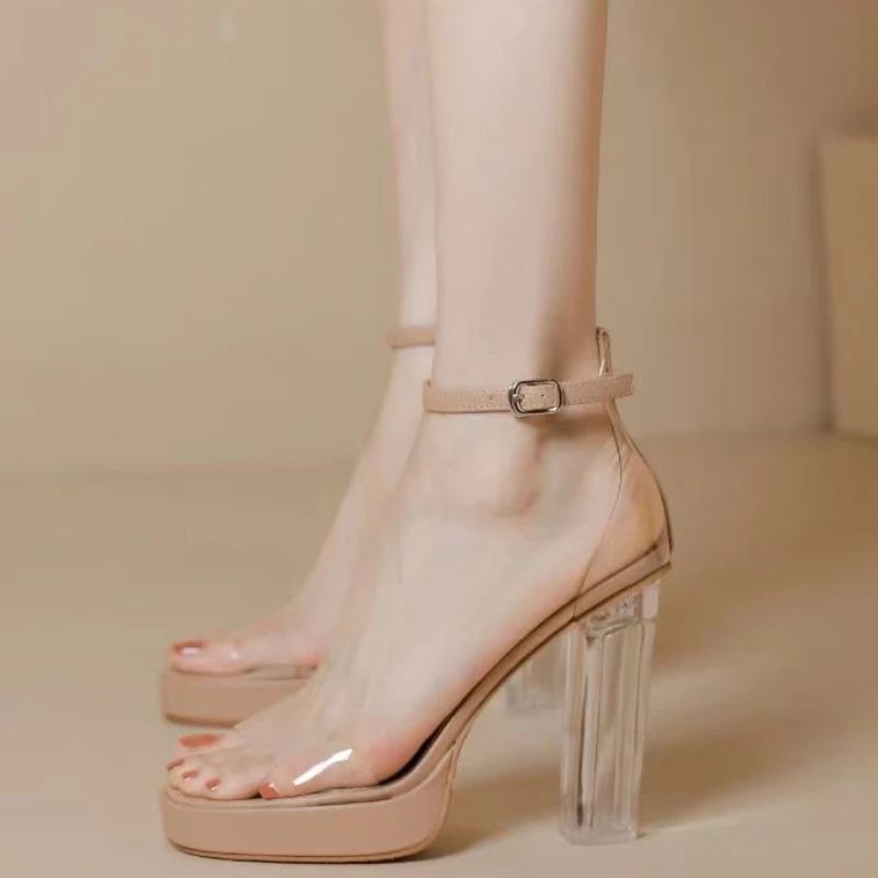 크리스탈 투명 여성 하이힐 샌들, 방수 플랫폼, 두꺼운 힐, 7 cm, 9 cm, 11cm, 24 신상