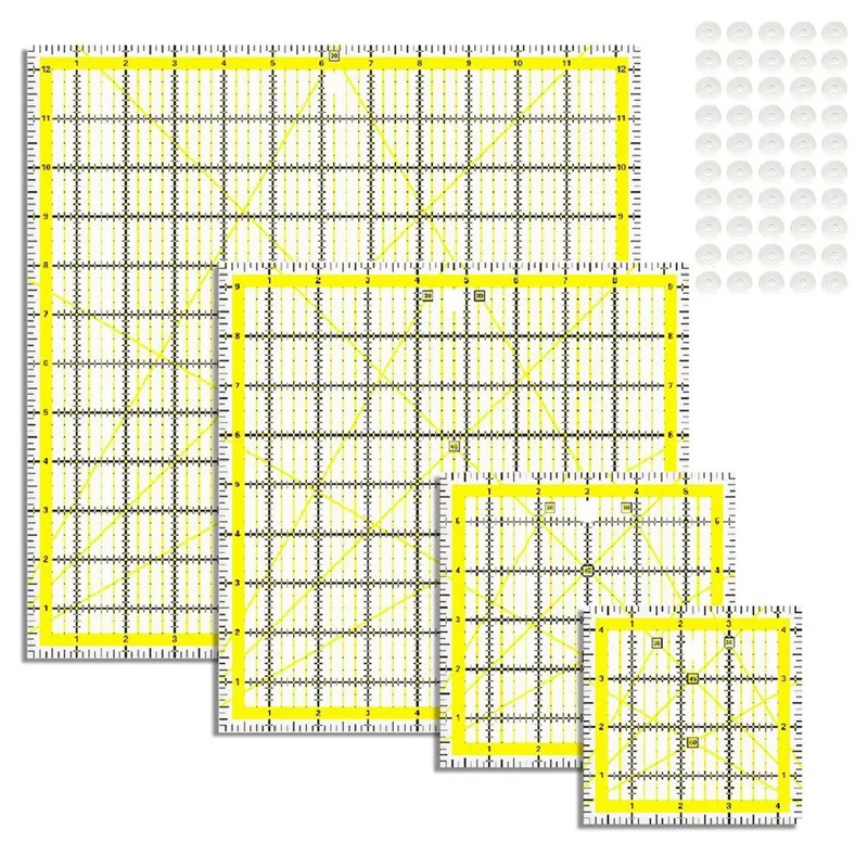 

Линейка для квилтинга, 4 шт., шаблоны для квилтинга, акриловая квадратная линейка (4,5x4,5 дюйма, 6x6 дюймов, 9,5x9,5 дюйма, 12,5x12,5 дюйма) С нескользящими кольцами