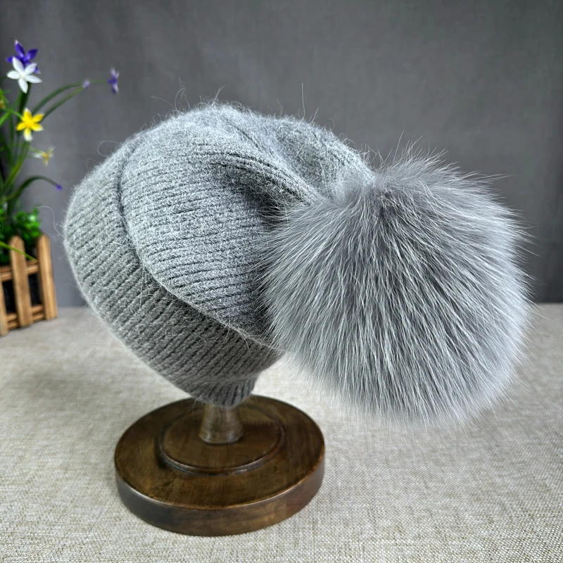 2024 Angora Knit Winter Hat For kid Womens Fluffy fox fur pompom hat Beanies Luxury Big size Bonnet Female Soft Warm Skullies 3