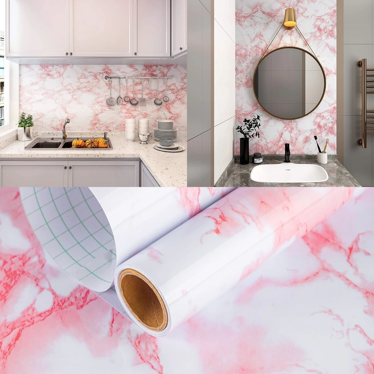 TOTIO Waterproof Pink Marble Self Adhesive Wallpaper Peel and Stick