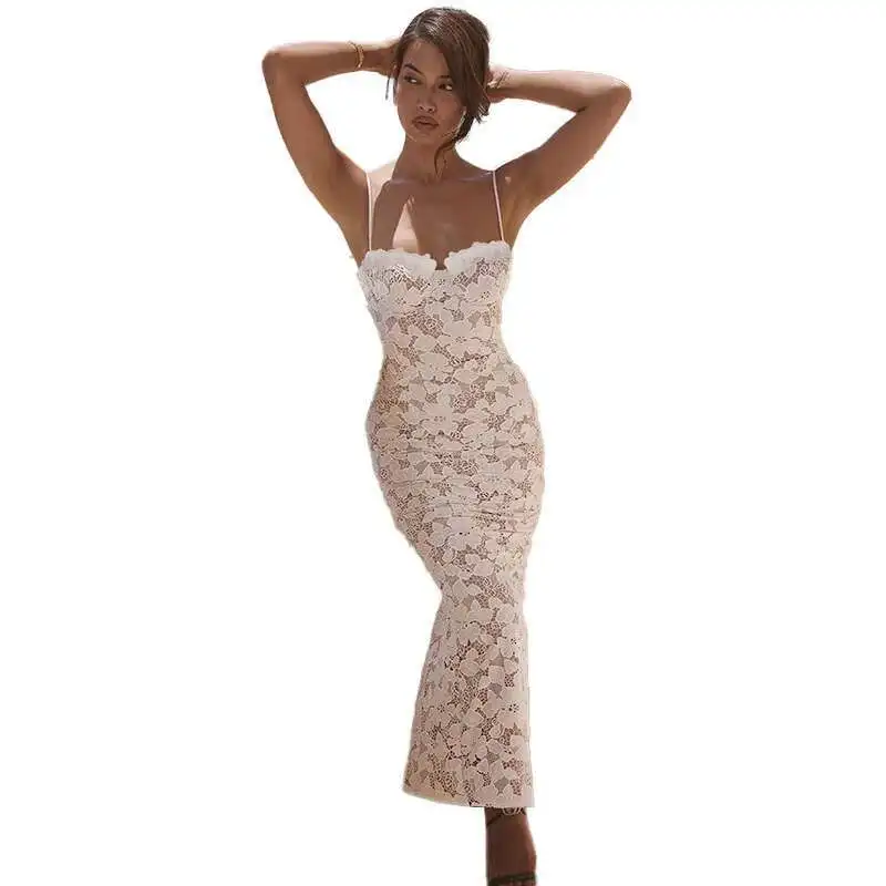 Rückenfreies Maxikleid aus Spitze mit Spaghettiträgern, elegantes, langes, figurbetontes Damenkleid für Party, Nachtclub, sexy Abendgarderobe – Detail 8