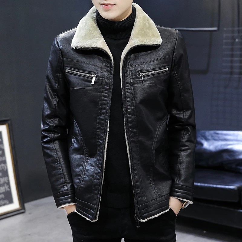 

2023 Winter Men Leather Jacket Solid Color Lining Velvet Business Lapel Medium Length Keep Warm Black Leather Windbreaker S-4XL