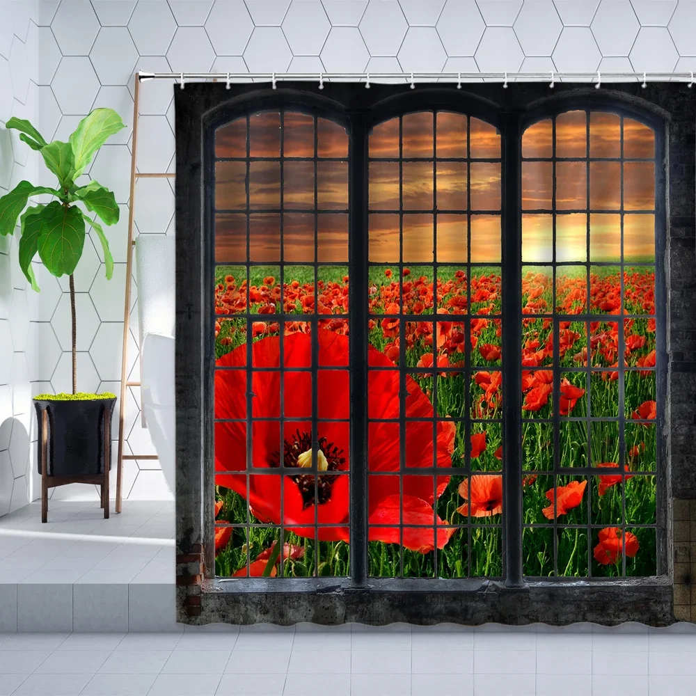 

Занавеска для душа в стиле ретро, декоративная занавеска с изображением мака, цветов, растений, дерева, леса, природного ландшафта, для ванной комнаты, ванной комнаты, набор штор