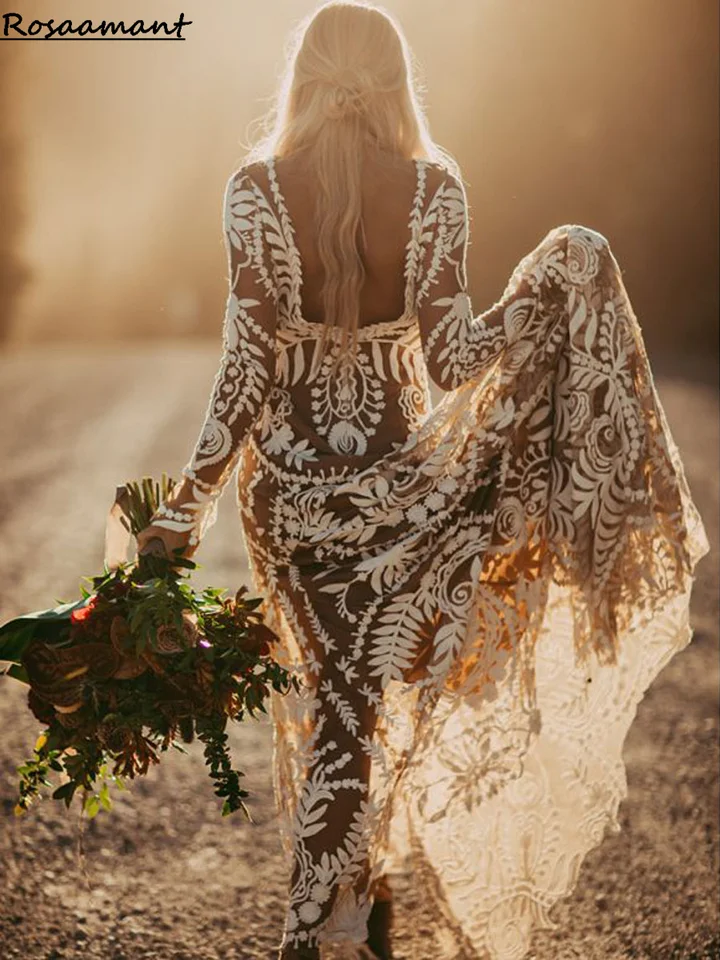 ボヘミアン レース 長袖 ウエディング ドレス Amazon.co.jp: Generic ビーチウエディングドレス、長袖