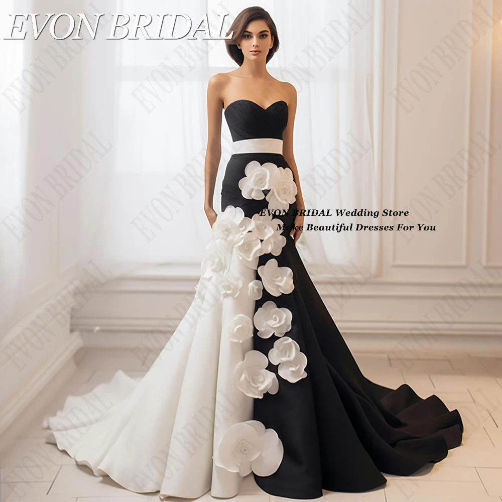 EVON BRIDAL Black And White Flowers Strapless Celebrity Dresses Contrast Color Mermaid 2024 Formal Evening Gown Sweep Train 1