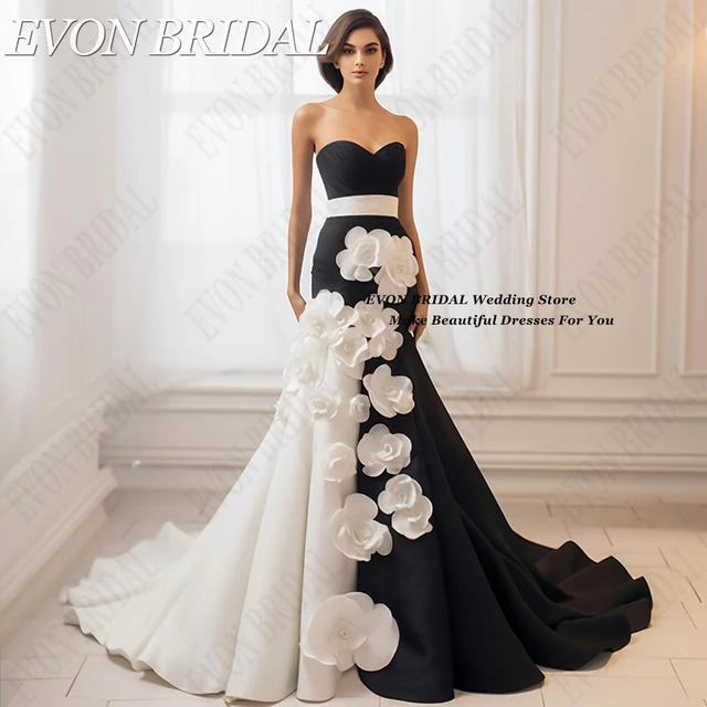 EVON BRIDAL Black And White Flowers Strapless Celebrity Dresses Contrast Color Mermaid 2024 Formal Evening Gown Sweep Train 1