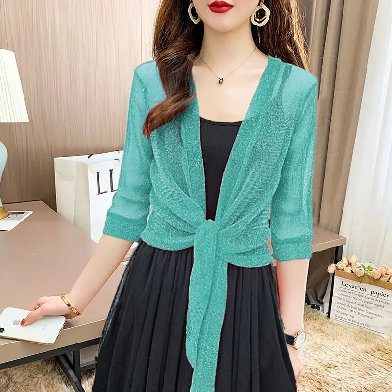 2024 Summer Stylish Bright Silk Blouse Basic Solid Color Open Stitch Casual Half Sleeve Women's Clothing All-match Bandage Shirt flexible knit glove warmers stylish faux silk rhombus textured half finger gloves warm stretchy fashionable women s knitting