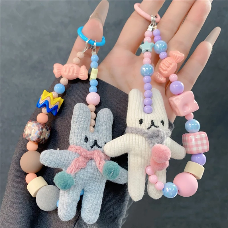 수제 DIY 토끼 모바일 폰 체인 참 휴대폰 끈 펜던트 가스켓 클립 비즈 가방 폰 팔찌