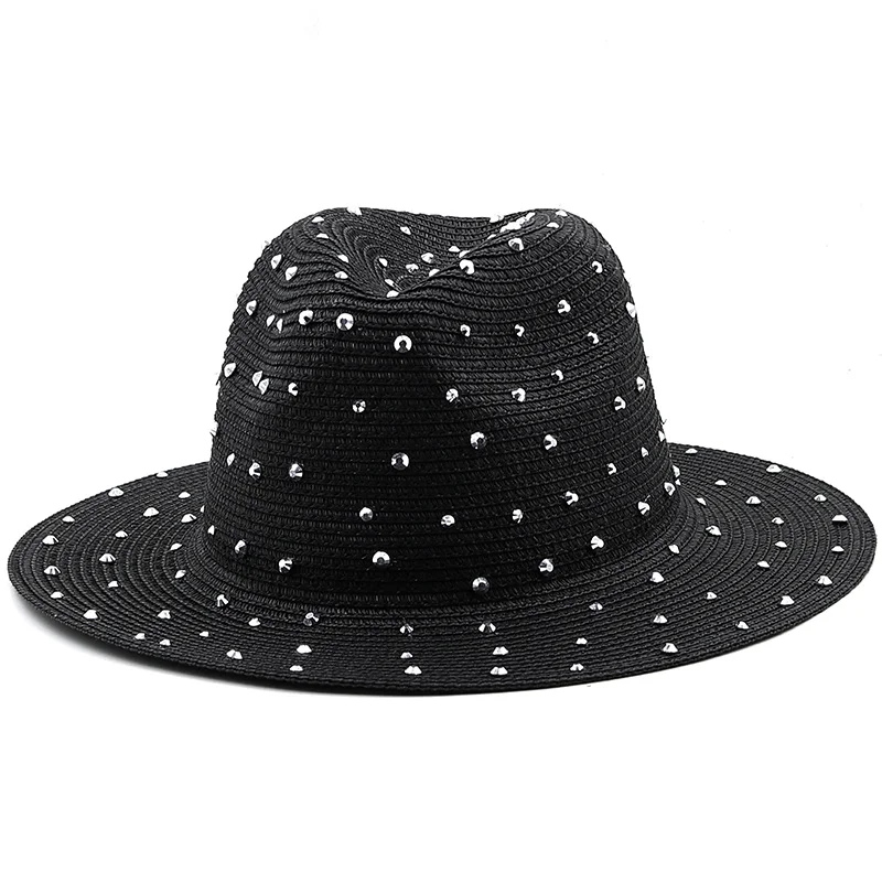 Luxury Diamond Panama Soft Shaped Straw Hat Summer Women Wide Brim Beach Sun Cap Uv Protection Girl Fedora Hat 2