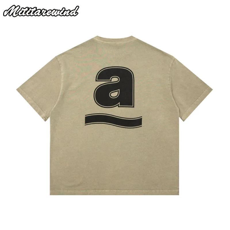 

Summer High Street Unisex T-shirts Pure Cotton Loose Tees Distresed Wash Tops Casual Simple Back Letter Print Versatile