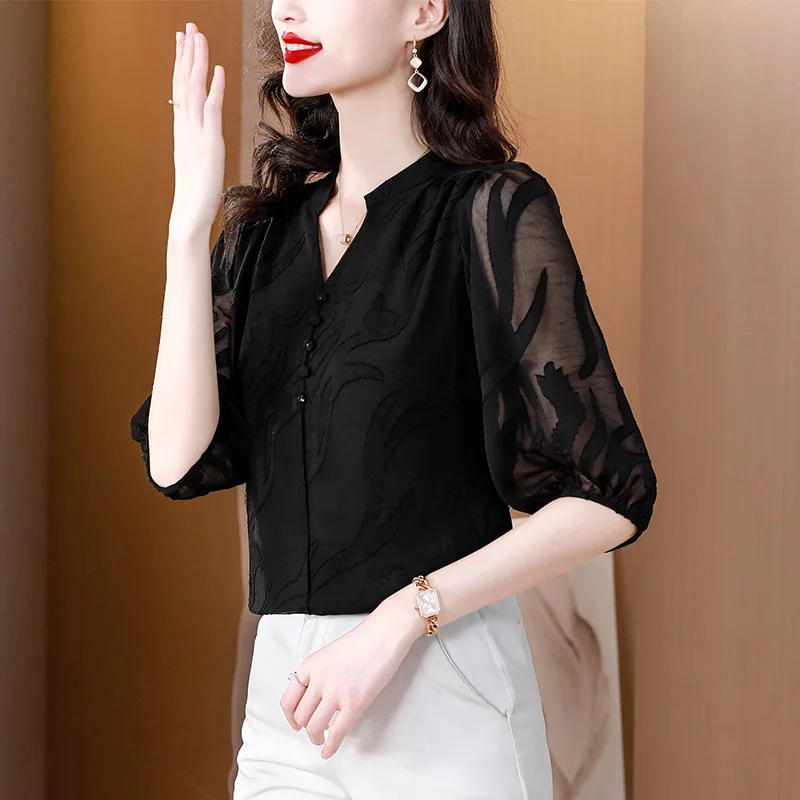 여성용 우아한 패션 할로우 아웃 시폰 블라우스, 여름 캐주얼 V넥 단색 반팔 셔츠, 오피스 레이디 루즈 탑