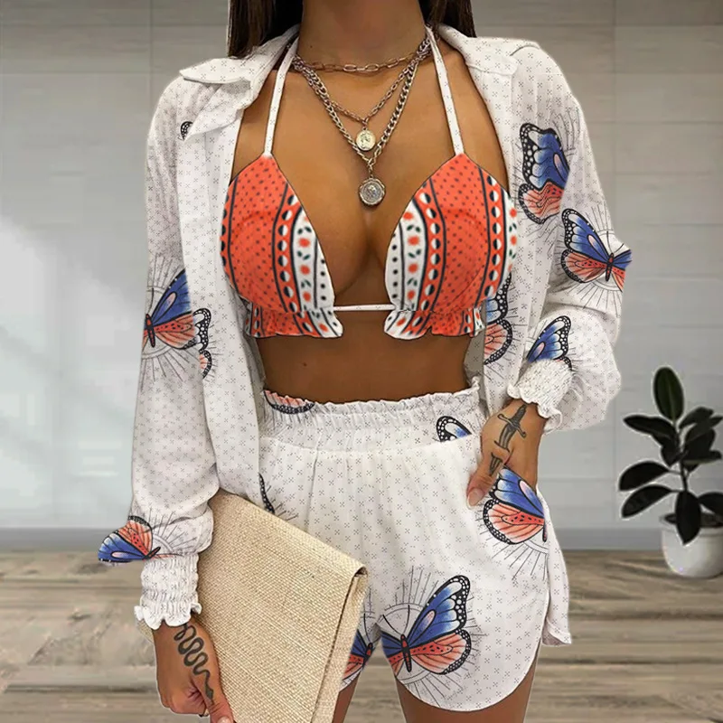

Bufferfly Print Women Sets 3 Pieces Summer Beach Style Tops Casual Shorts Sexy Strap Crop Top Chiffon Long Shirts Pants Clothes