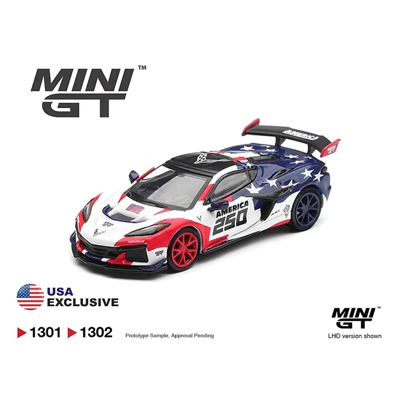 새로운 프리세일 미니GT 1:64 250주년 기념 미국 250 합금 다이캐스트 모델 포드 머스탱 GTD 쉐보레 콜벳 ZR1 자동차 장난감