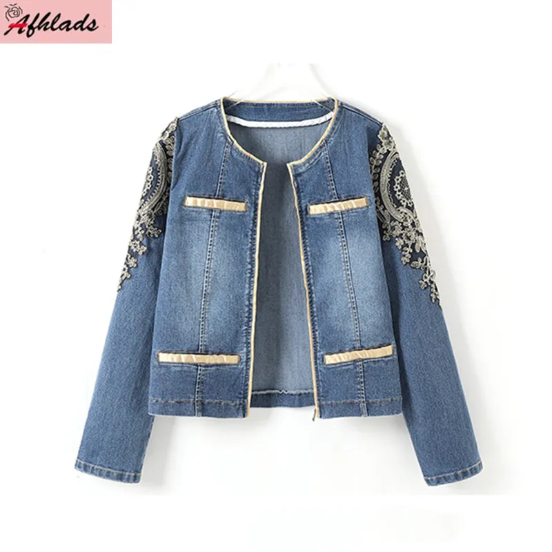 

Spring And Autumn New Embroidered Flower Round Neck Denim Jackets Loose Long Sleeve Zipper Fashion Women's Coat