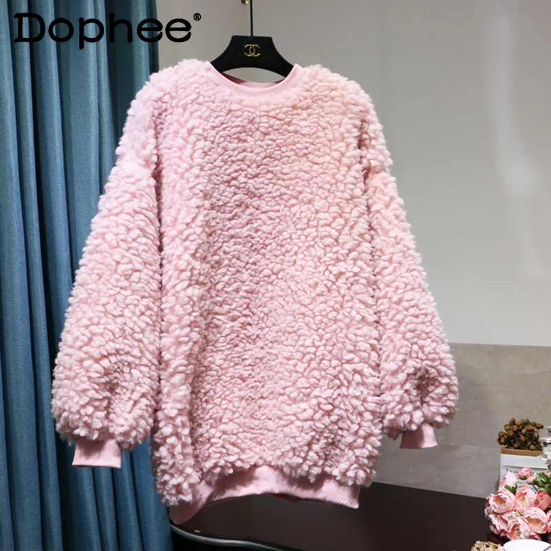 

Korean Lazy Style Thickened Circle Sweatshirts Round Neck Furry Coat Candy Color Lamb Wool Mid-Length Loose Hoodies for Women