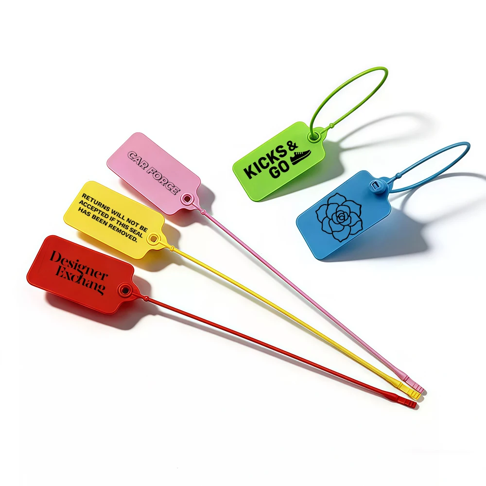 100Pcs 맞춤 의류 행택 개인화 된 플라스틱 보안 씰 인쇄 의류 신발 의류 가방 제품 로고 선물 라벨 220mm