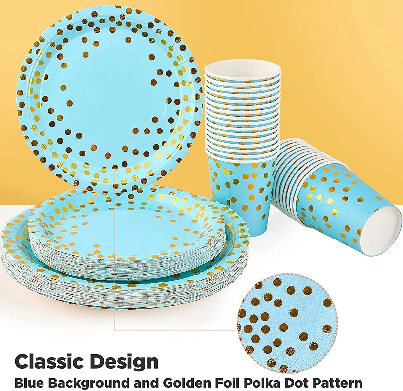 Bronzing Polka Dot Blue Tableware Set Paper Cup Paper Plate For Disposable  Tableware Birthday Party Supplies Decoration