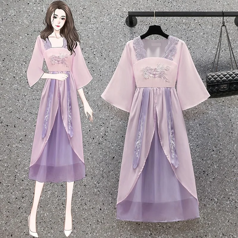 

Purple Embroidery Cheongsam Women's 2023 Summer New Chinese Style Hanfu Slim Waist Dress