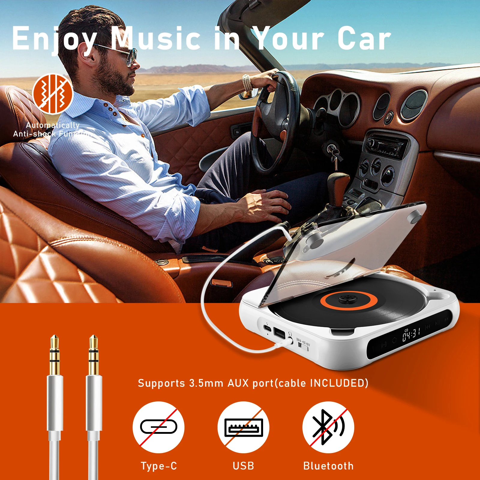 KC918 CD Player - Portable Bluetooth Speaker, LED Screen, Stereo Player, HIFI Sound Quali, Built in 2000mAH Rechargeable Battery 6
