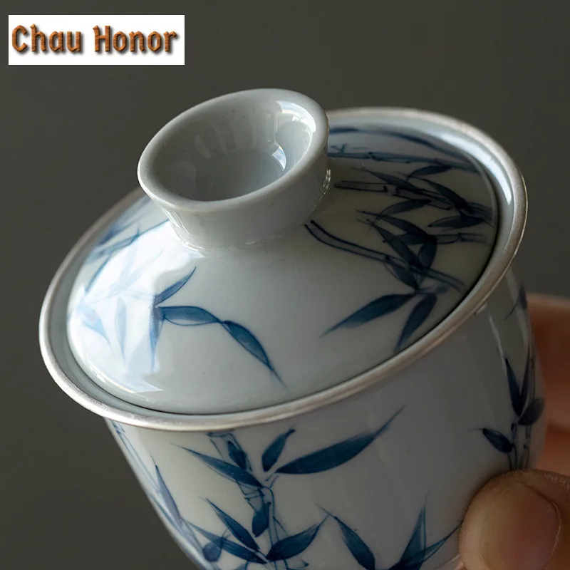 85ml White Porcelain Tea Tureen Hand Painted Bamboo Ceramic Gaiwan Tea Maker Tracing Silver Covered Bowl Kung Fu Tea Set Crafts