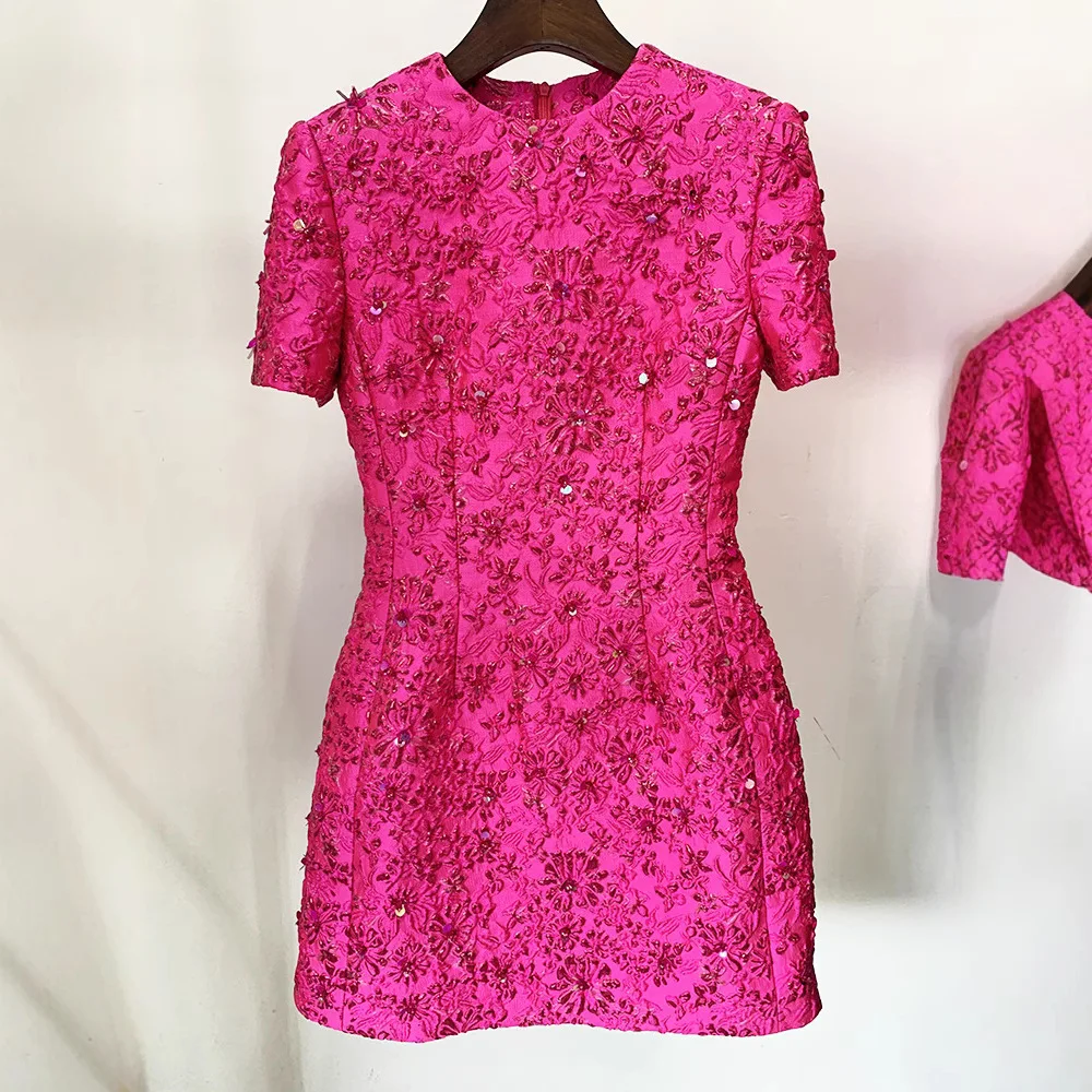 2026 Sommer Neue Mode Roséfarbenes Jacquard-Kleid mit Schwerer Perlenverzierung Rundhals Kurzarm-Kleid Festliche Kleider