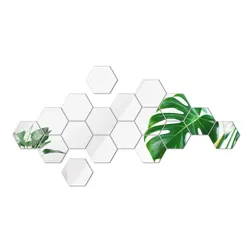 Set of 12 Geometric Hexagonal Mirror Wall Stickers with Built-in Adhesive - 8x7cm (Silver)