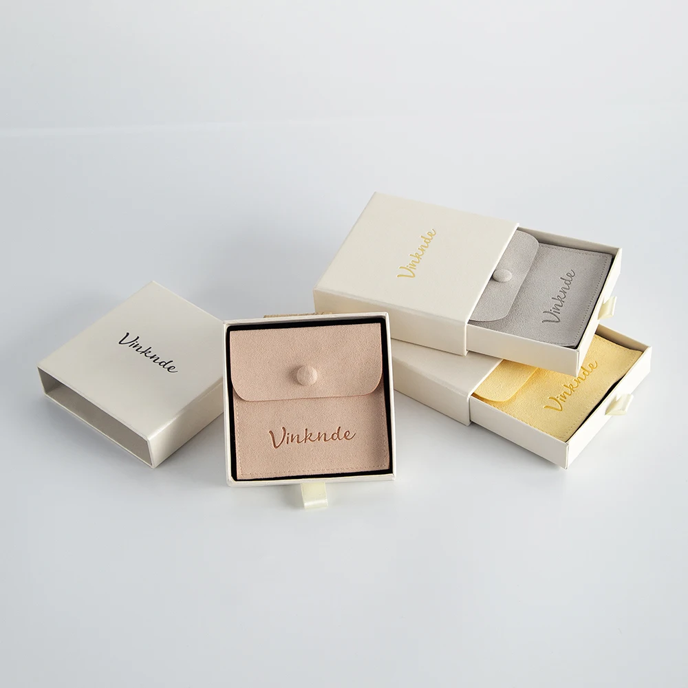 24/50/100Set 9x9x2.5cm Beige Drawer Jewelry Box Paper Cardboard Packaging Case Inside with 8x8cm Microfiber Snap Button Gift Bag