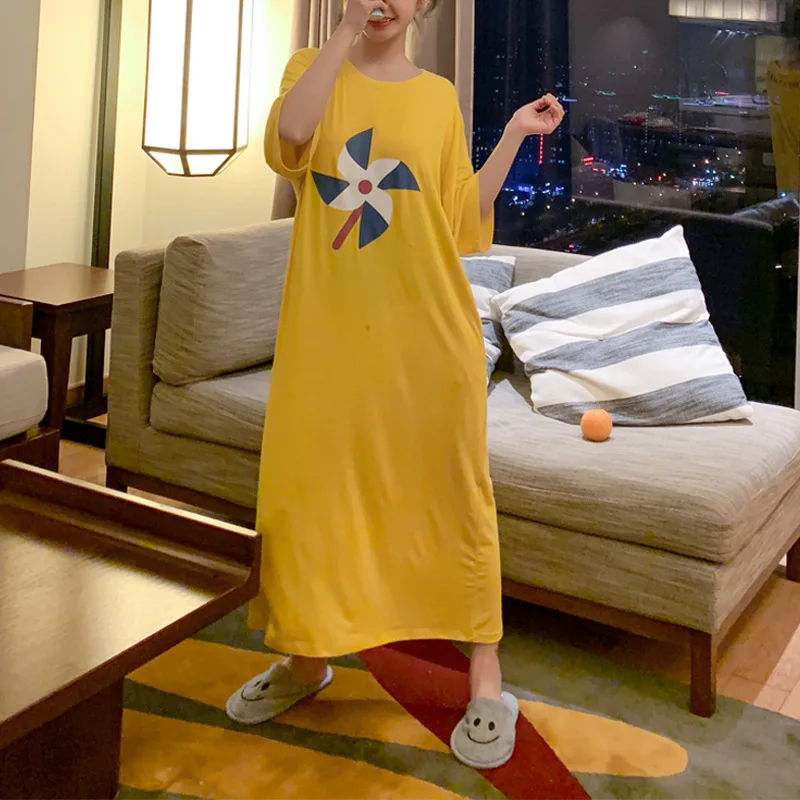 Women Nightgowns Cotton Nightdress Print Sleepdress Home Clothes Nightwear Short Sleeve Sleepwear Loose Soft O-Neck Homewear