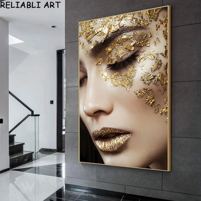 모던 골드 블랙 여성 초상화 캔버스 페인팅 피규어, 벽 아트 사진 포스터 및 인쇄 거실 장식 벽화 프레임 없음