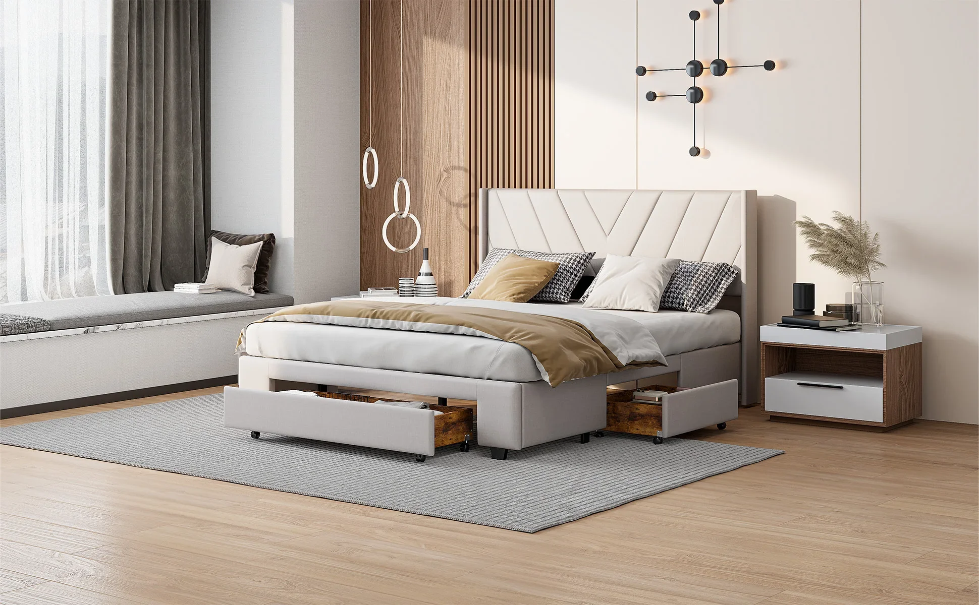 Rosahqnda Modernes Doppelbett mit Schubladen, 140/160 x 200 cm, 3 Schubladen, gepolstert, beigefarbenes Leinen, ohne Matratze – Detail 1