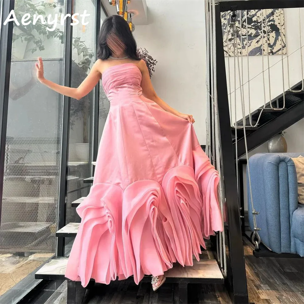 

Aenyrst Pink Strapless A Line Prom Dresses Satin Ruched Saudi Arabia Evening Gowns For Women Floor Length Dinner Party Dress