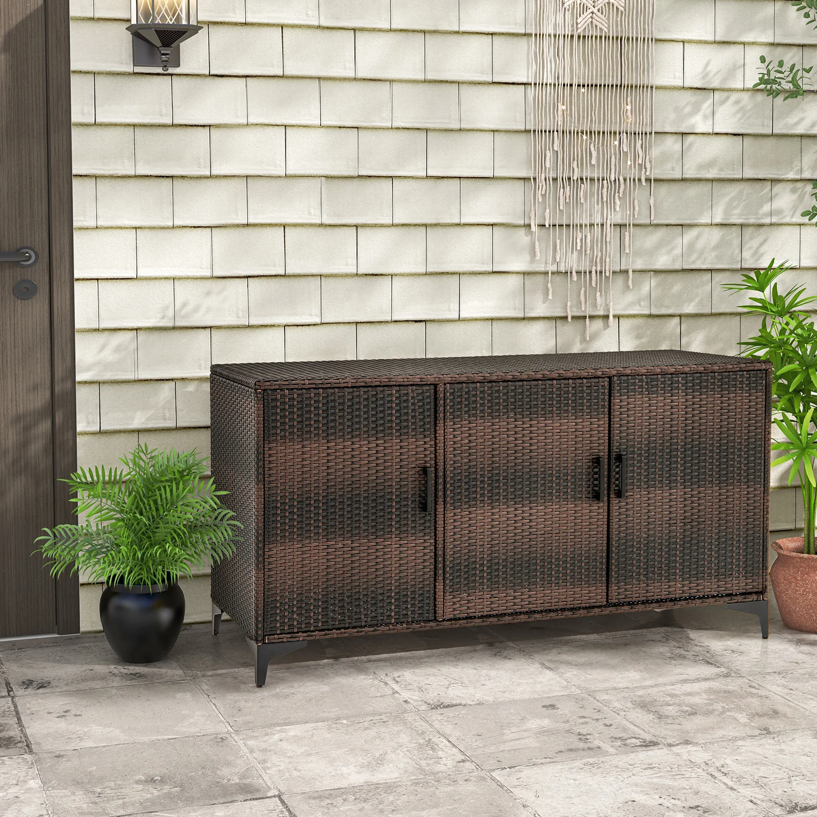 Rattan Gartenschrank outdoor, 318L Aufbewahrungschrank wetterfest mit abnembaren Regalen & Türen, Beistellschrank für Garten – Detail 2