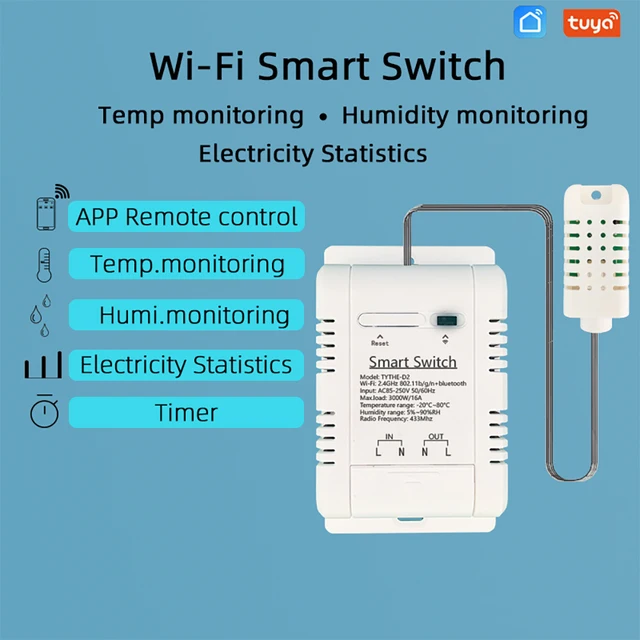 Tuya WiFi Switch 16A 3000W Wireless Control with Power Consumption Monitoring Temperature and Humidity Thermostat Alexa 4