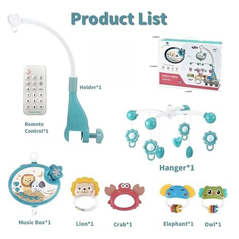 Musical Baby Crib Mobile Lights Remote Control Music Box Rotating Animals Rattles  Ceiling Star Projection Nursery Toys Infants 6