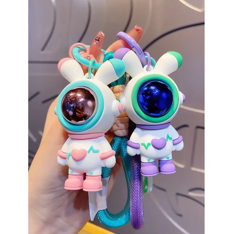 New Astronaut Rabbit Metal Keychain Black Purple Pink Blue Doll Cute Car Bag Keyring Girl Boy Couple Lover Knitted Lanyard Gift 3