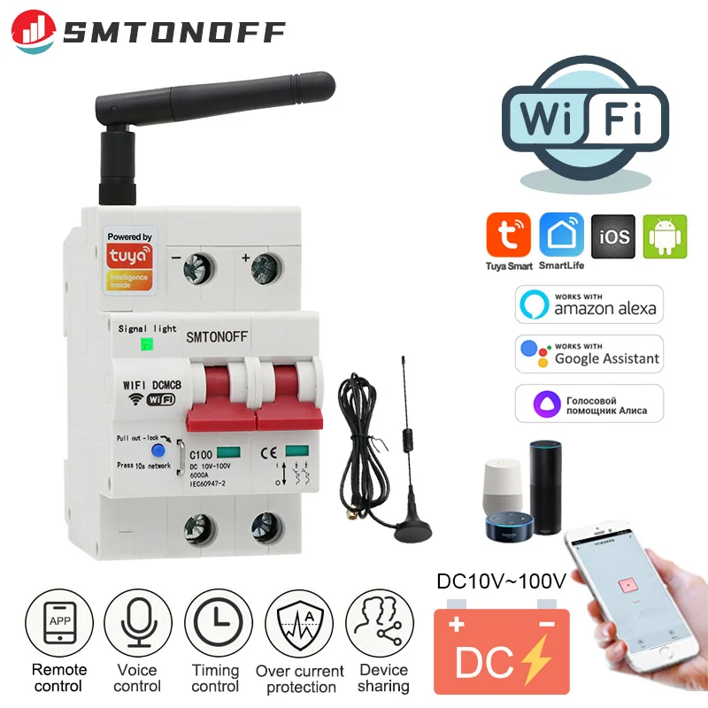 Tuay-wifi dc Disjuntor Inteligente Proteção contra Curto-circuito Alexa Google Home 12v 24v 48v Proteção