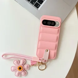 Cartoon Sunflower Down Jacket Lanyard Phone Case with Hand Wrist Strap - Soft TPU Cover - Google Pixel 5 (Pink)