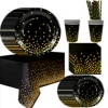 Black Gold Party Tableware,121pcs Black and Gold Dot Paper Tableware Set-Black and Gold Paper Plates and Cups Napkins Tablecloth 1