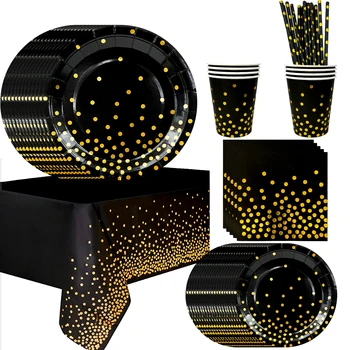 Black Gold Party Tableware,121pcs Black and Gold Dot Paper Tableware Set-Black and Gold Paper Plates and Cups Napkins Tablecloth 1
