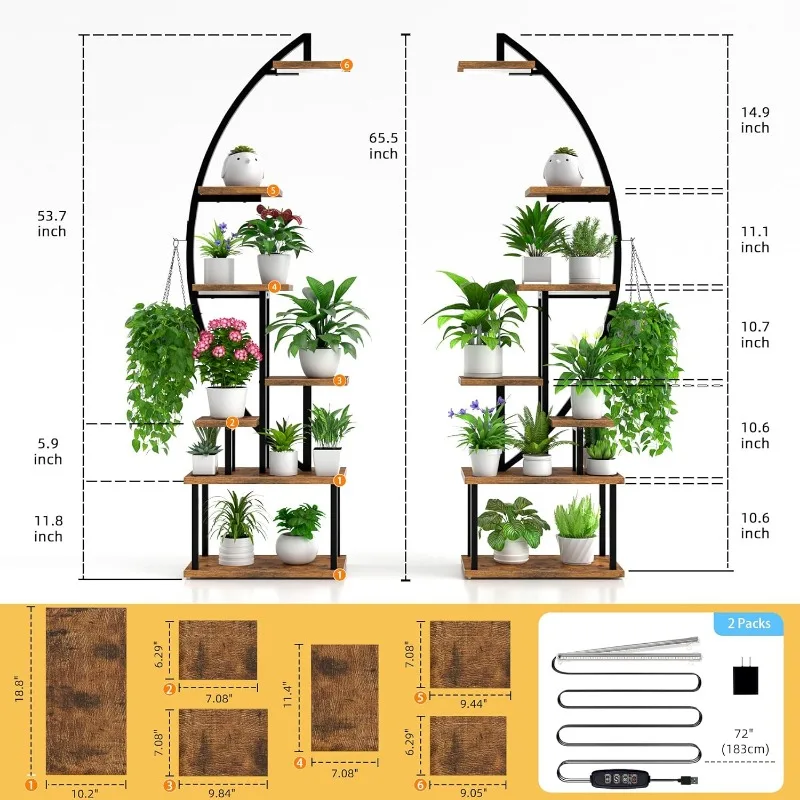 POZILAN Support Pour Plantes D'intérieur Avec Lampe De Croissance – Support De Plantes En Métal à 9 Niveaux De 160 Cm De Haut Pour Plusieurs Plantes, Grande étagère Pour Plantes Avec Lampe