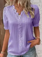 Chemisier élégant à manches courtes pour femme, chemise col en V, patchwork de dentelle, été 3