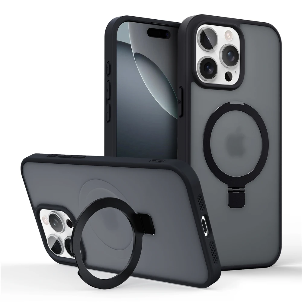 Matte Metal Ring Magnetic Phone Case with Kickstand Holder Cover