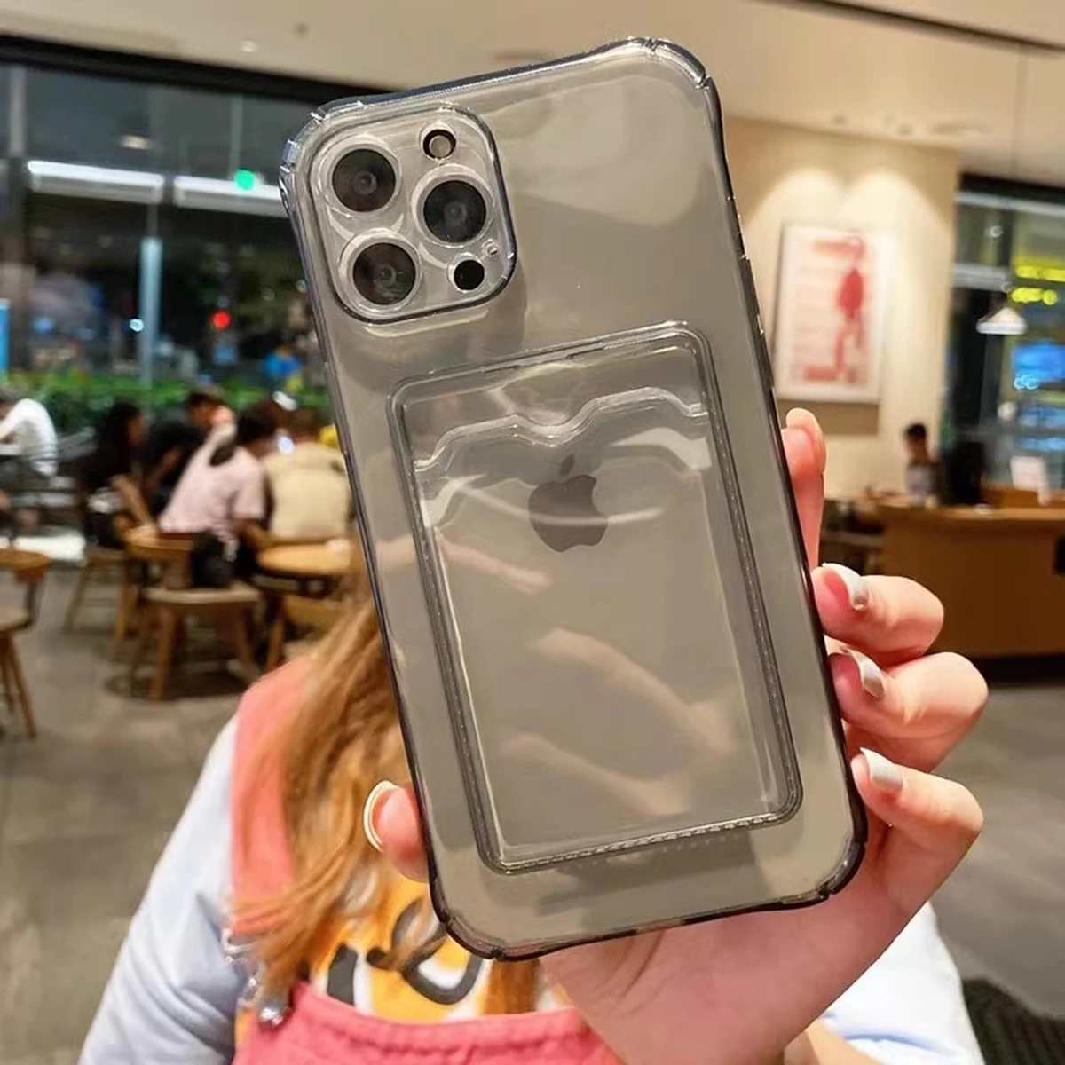 Sleek Transparent Black Card Holder - Silicone Anti-Fall Design with Photo Slot