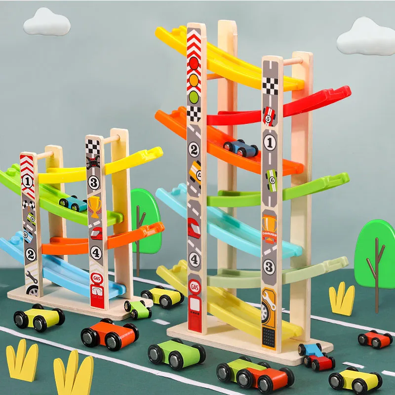 4/7 Track Wooden Ramp Racing Toddler Toy Car Set Montessori Educational Toy Game Mini Inertia Slide Roller Coaster Racing 6