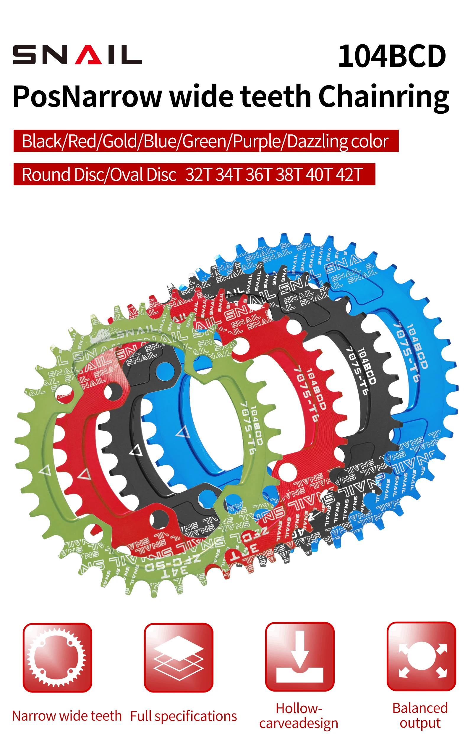 Bike Chainring SNAIL 104BCD/96BCD Bicycle Chainwheel Wide and Narrow Teeth 32T/34T/36T/38T Round /oval Disc Single Chainring For Shimao/SRAM