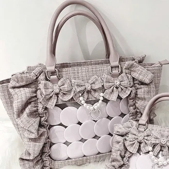 Y2k Girls' Large Capacity Ita Bag, Ruffle Bow Decor Preppy Style Handbag Jk Uniform Bag Japanese Transparent Pocket Tote Bag 1
