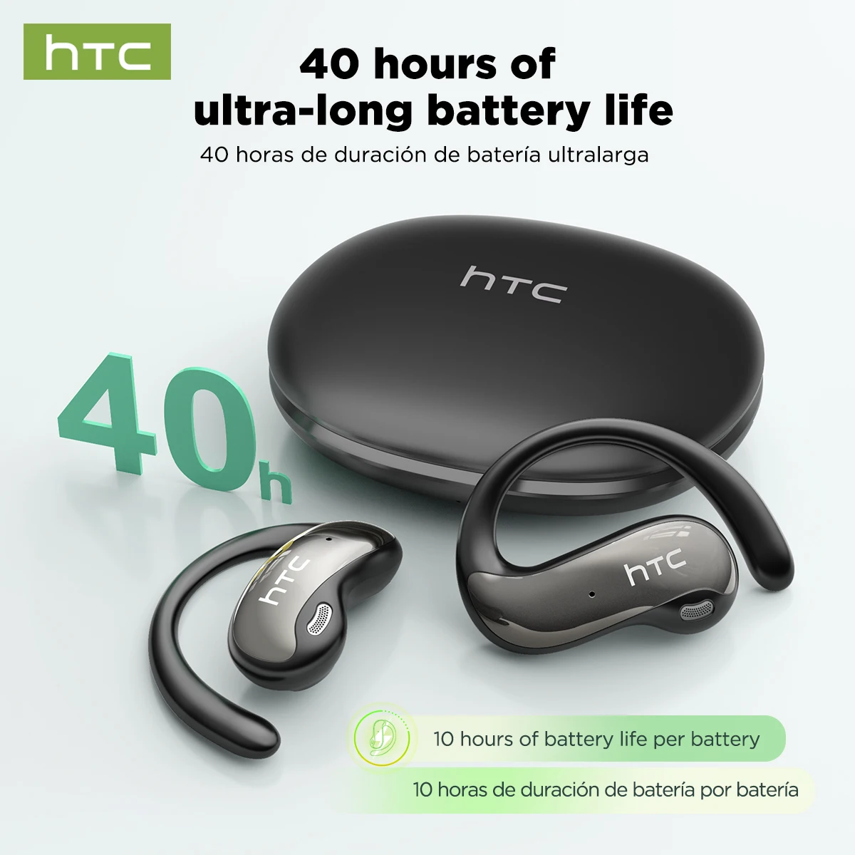 سماعات رأس لاسلكية بلوتوث HTC NE19، سماعات أذن رياضية مفتوحة، صوت جهير قوي، مقاومة للماء، سماعات أذن ستيريو بلوتوث مع خطاف للأذن