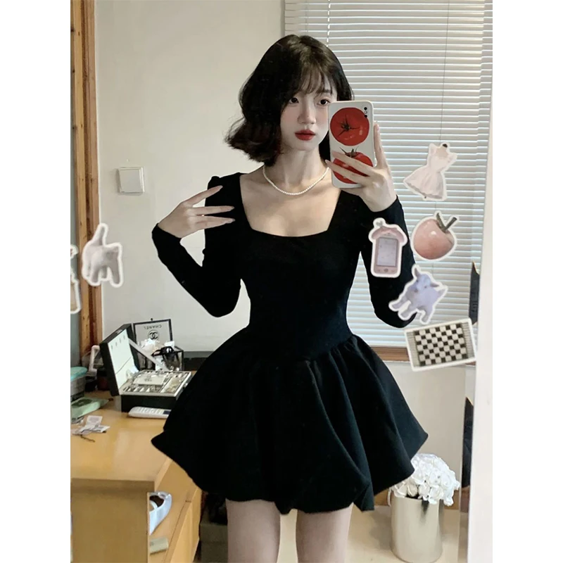 thumbnail image 1 of Vestido mini negro Y2K para mujer, vestido coreano de una pieza con cuello cuadrado y manga larga, vestido elegante ajustado para fiesta de graduación, 1 of 4