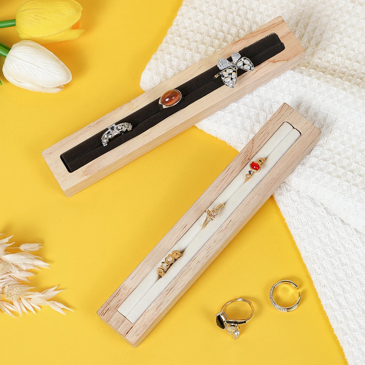 Elegant White Oak Ring Holder with French Velvet Lining - 1-Slot & 2-Slot Jewelry Display Stand