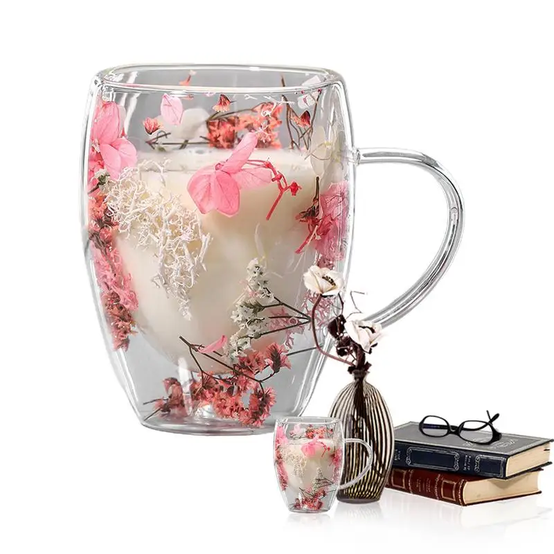 

Dried Flowers Glass Cup Glass Double Wall Coffee Mugs 350ml Heat Resistant Mugs For Coffee Hot Cold Beverages Chocolate Juice
